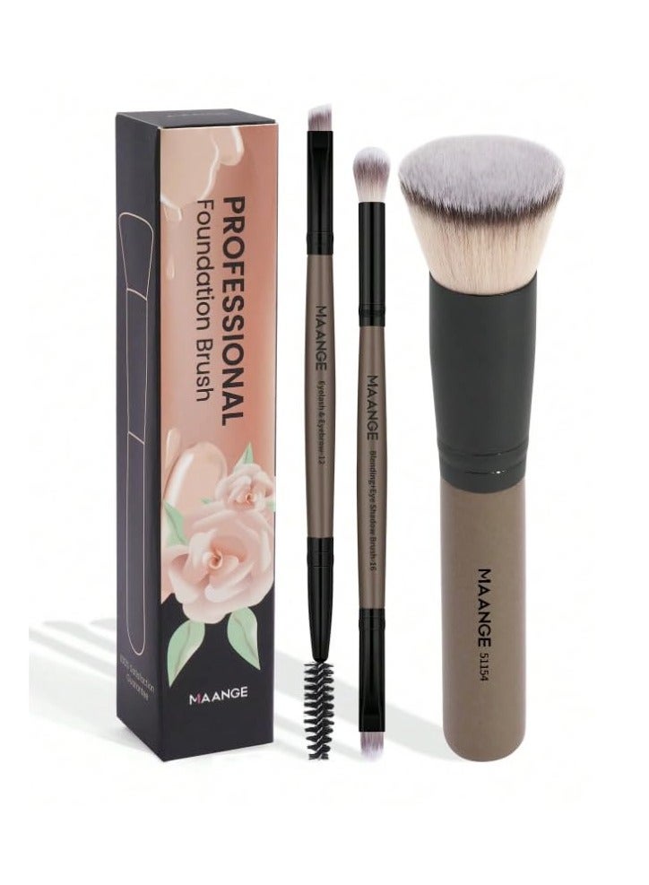 MAANGE Professional Makeup Brush Set - 3 Piece Foundation Brush Kit with Flat Head Kabuki Brush, Eyebrow Spoolie & Precision Brush - Premium Synthetic Fiber for Face & Eye Makeup Application