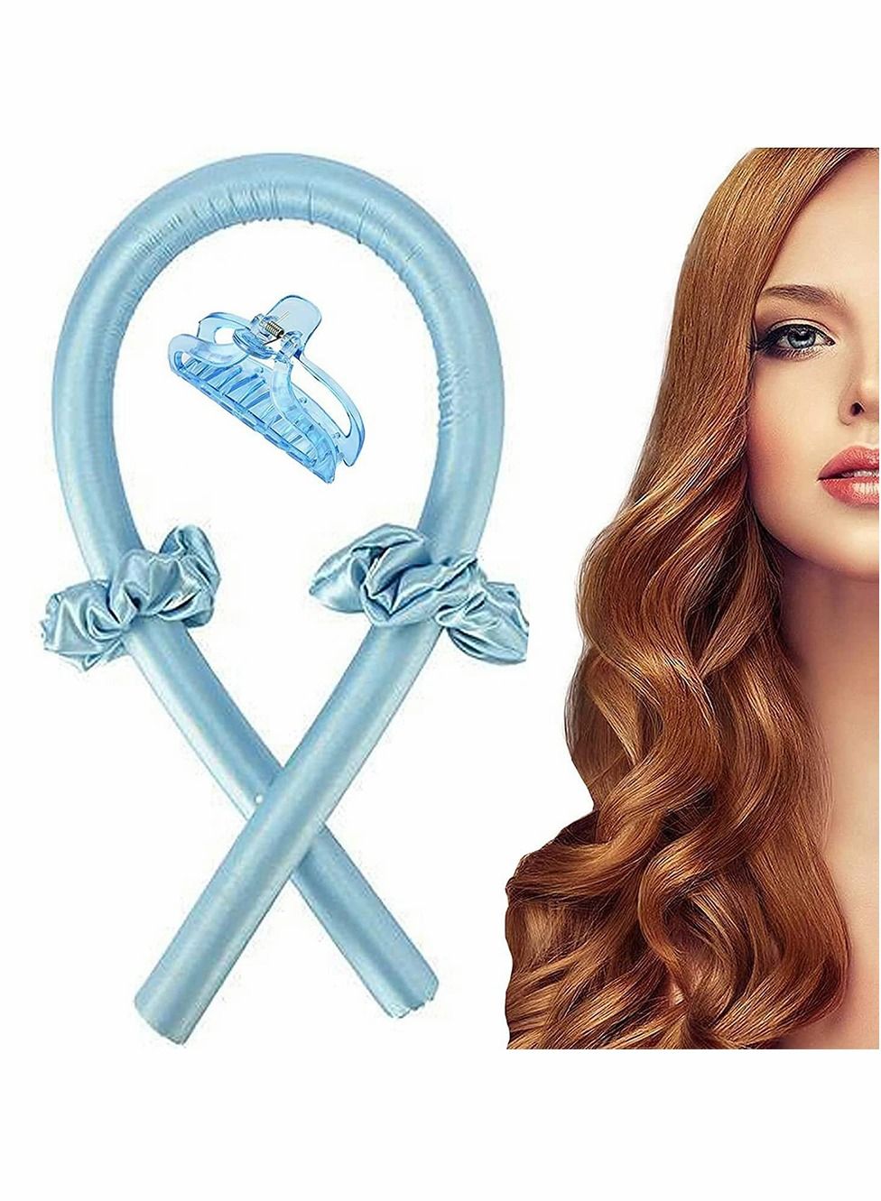 Heatless Hair Rollers, Hair Curlers for Long Hair, No Heat Curling Rod Headband with Hair Clips and Scrunchie, Curl Ribbon Rod Wave, Soft Silk DIY Hair Styling Tools Kit (Blue Hair Curlers)