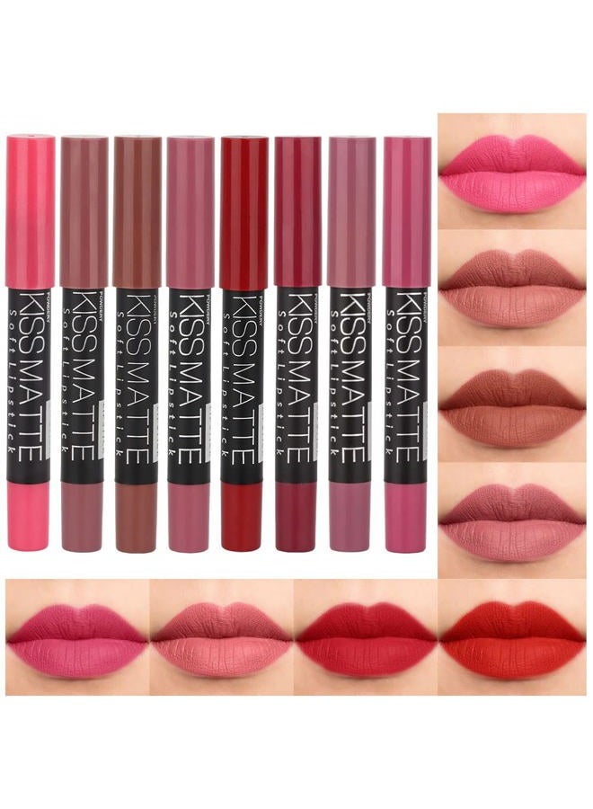 8Pcs Nude Pink Beige Ruby Rose Red Brown Mauve Matte Lipstick and Lip Crayon Lip Liner Pencil Pen Set for Women labial labiales mate magicos 24 horas originales pintalabios permanente 24 horas