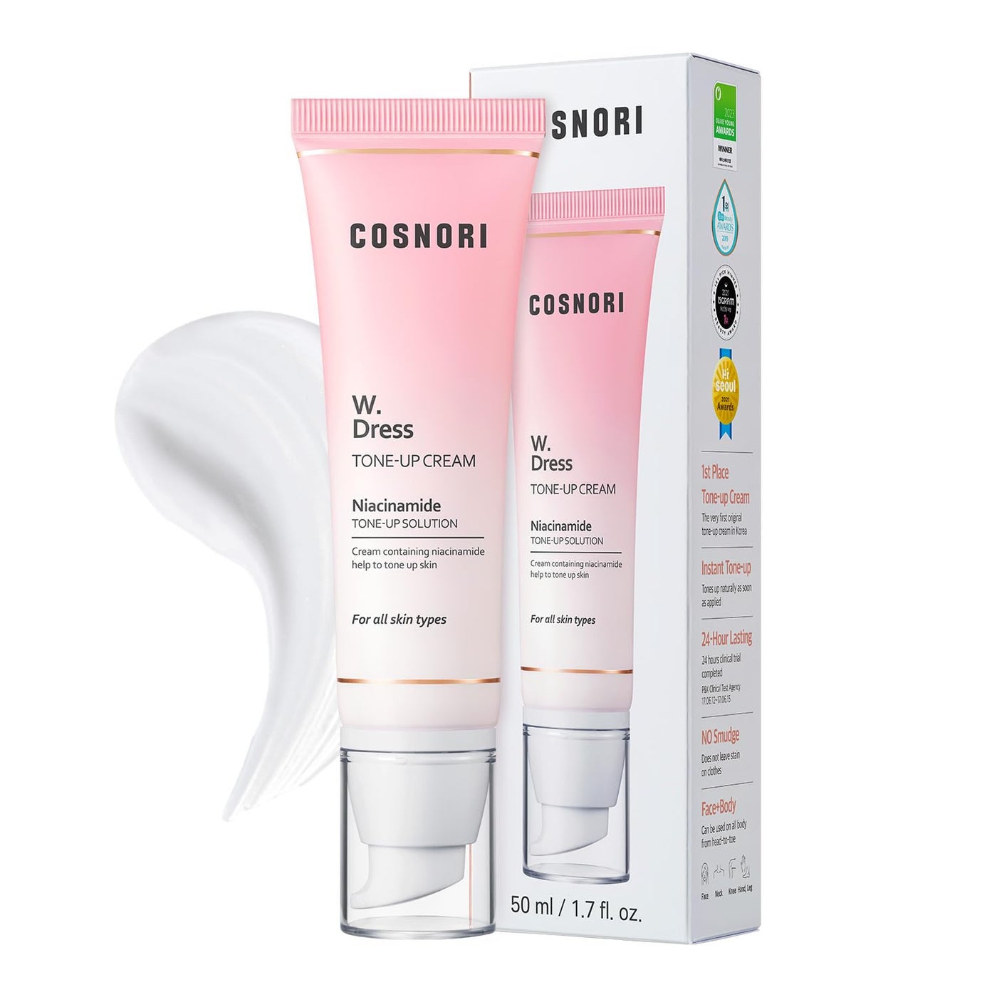 COSNORI W. Dress Tone-up Cream -Quick Skin Tone Balancer â€“ Evens Out Complexion - No Makeup Natural Look - Long-Lasting Hydrating & Sebum Control Face and Body â€“ Vegan, No Animal Tested â€“ 1.7 fl. oz.