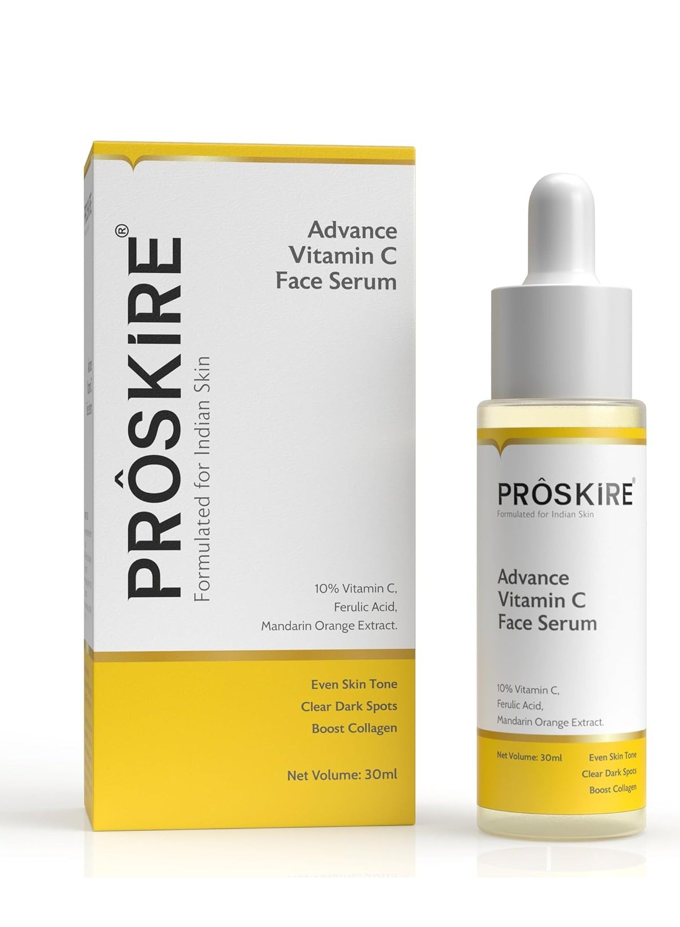 Proskire 10% Advance Vitamin C Serum With Ferulic Acid, Mandarin Orange Ext. For Dark Spots, Pigmentation & Glowing Face - 30 ml Pack