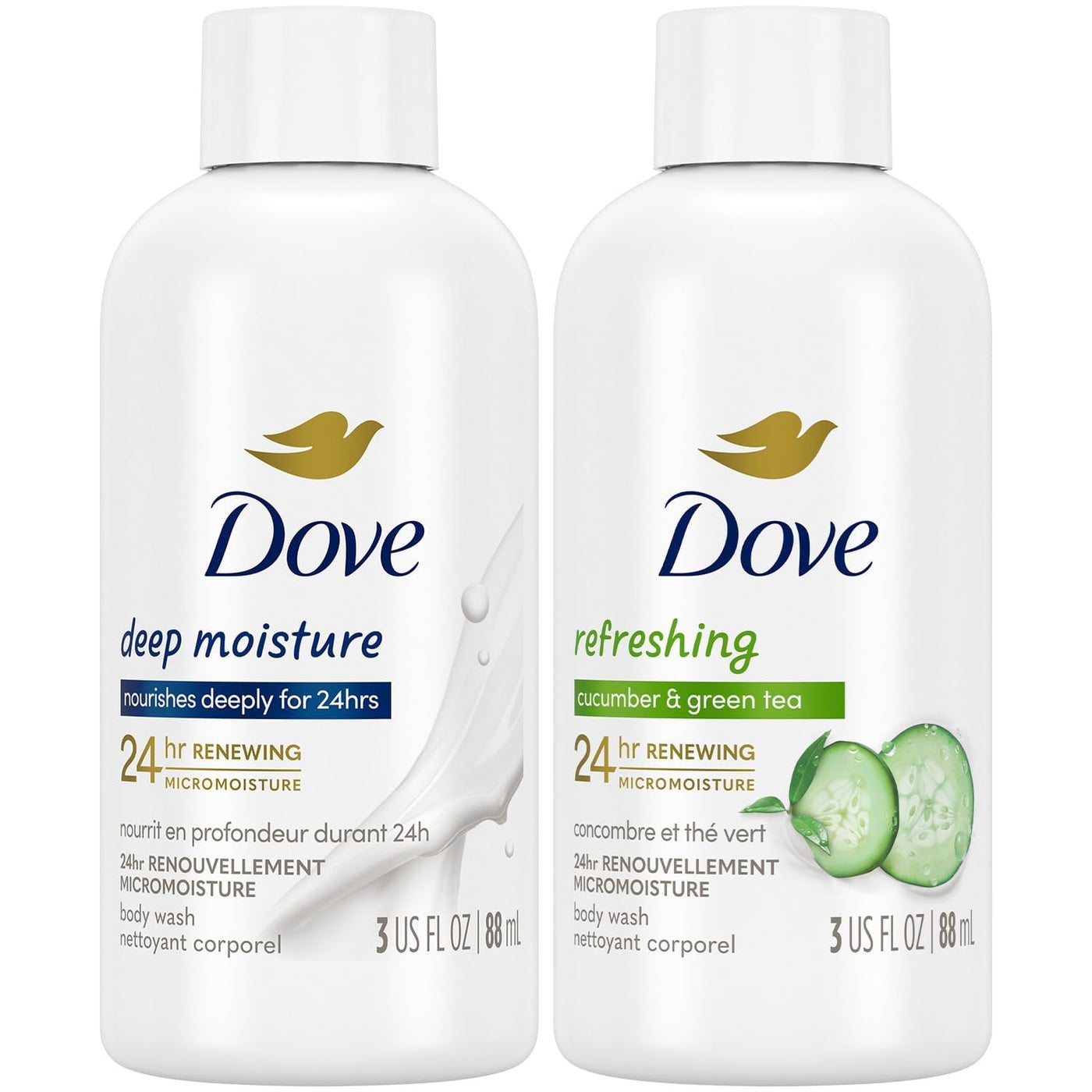Dove Body Wash Travel Essentials Variety 2-Pack â€“ Refreshing Cucumber & Green Tea + Deep Moisture Nourishing Body Washes, 3 Oz Ea