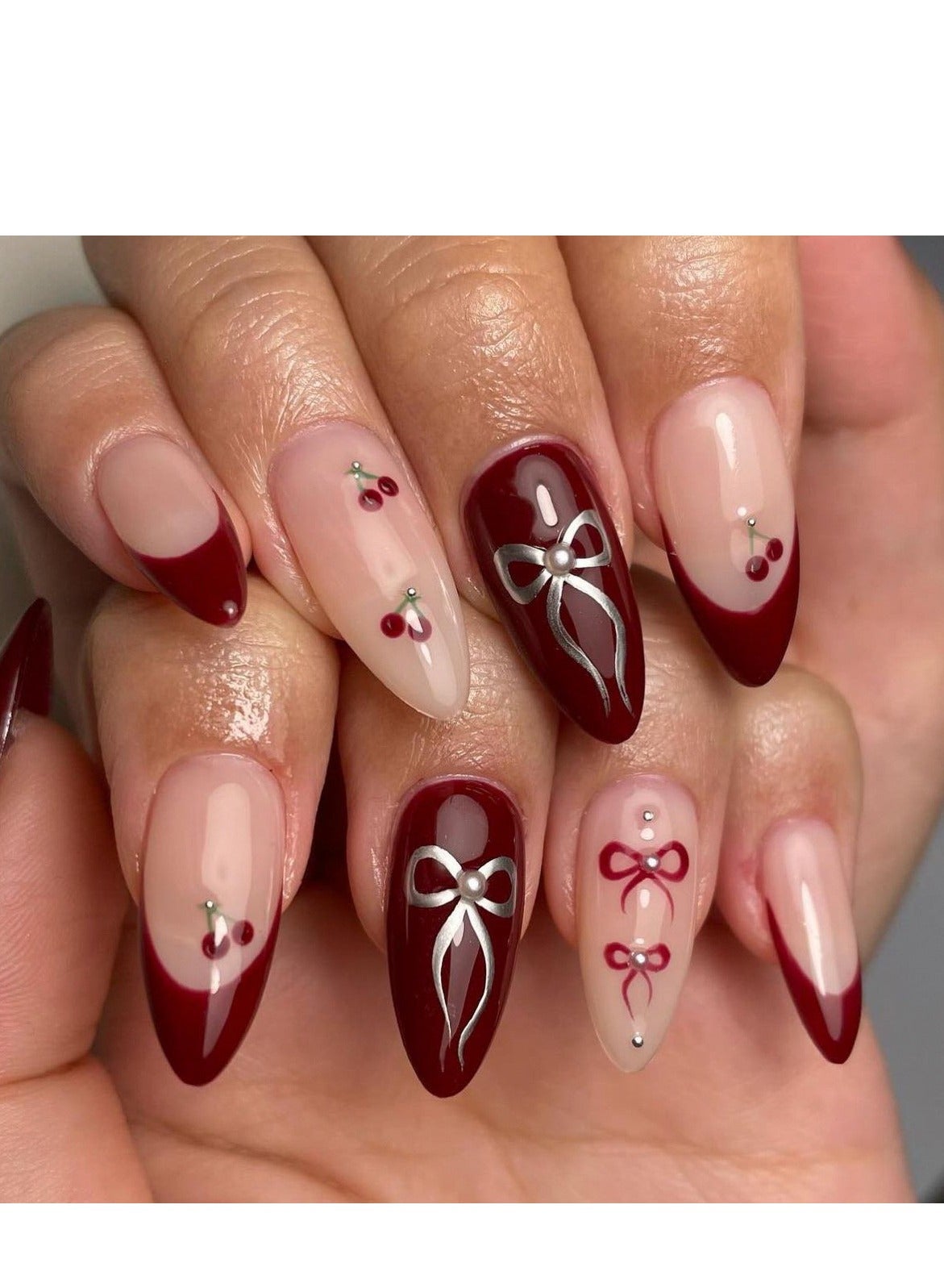 French Tip Press on Nails,24Pcs,Sweet French Burgundy Nail Art, Bow Cherry Wearable Nail Tips, Fake Acrylic Nails With Glue Kit.