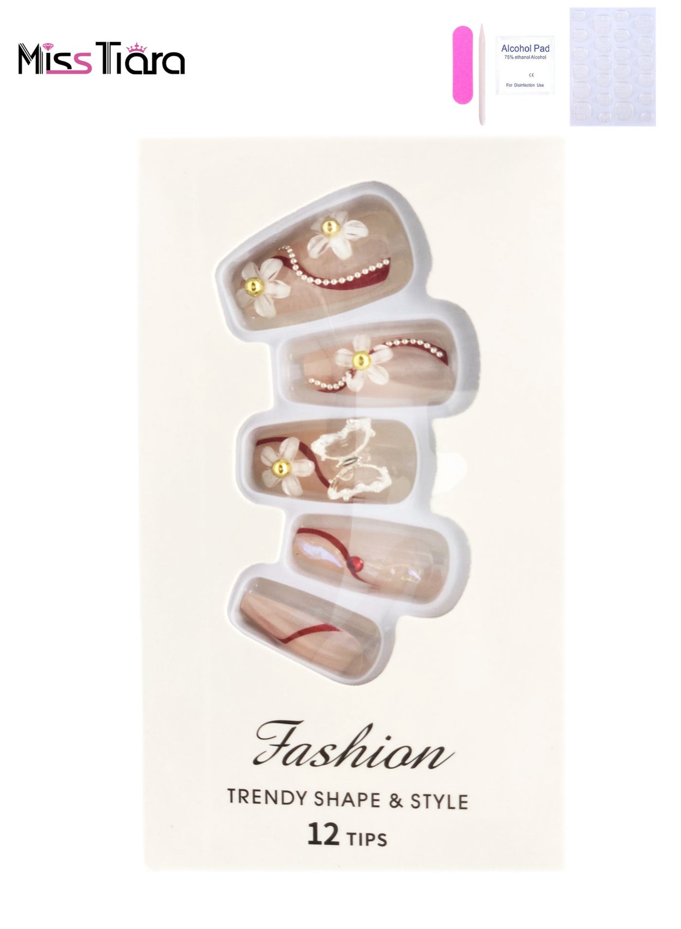 12-Piece Wearable Fake Nails Set Press On Nails Medium Natural Fake Nail with Nail Glue Kit Assorted