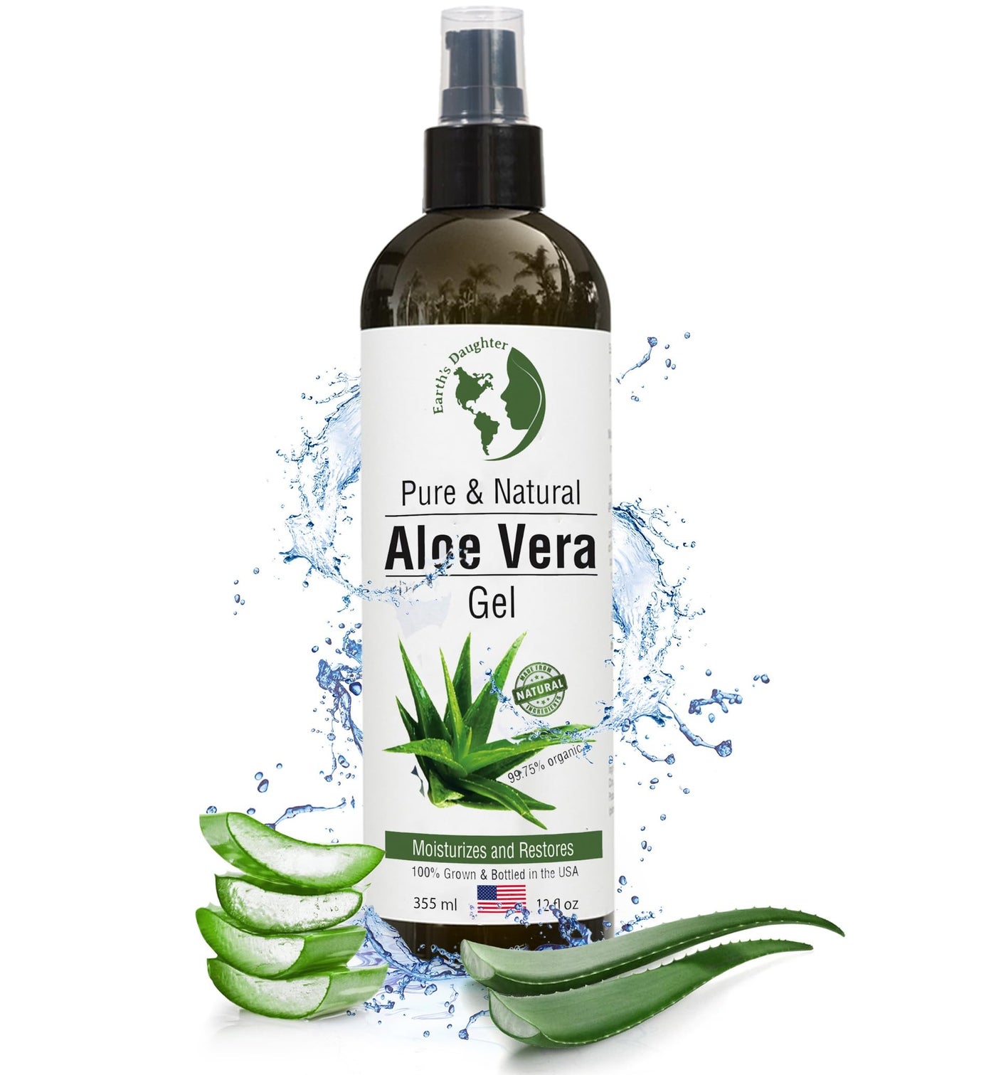Earth's Daughter Organic Aloe Vera Gel from 100% Pure and Natural Cold Pressed Aloe â€“ Moisturizes - Great for Face - Hair- Sunburn - Aftershave - Bug Bites - 12 oz.