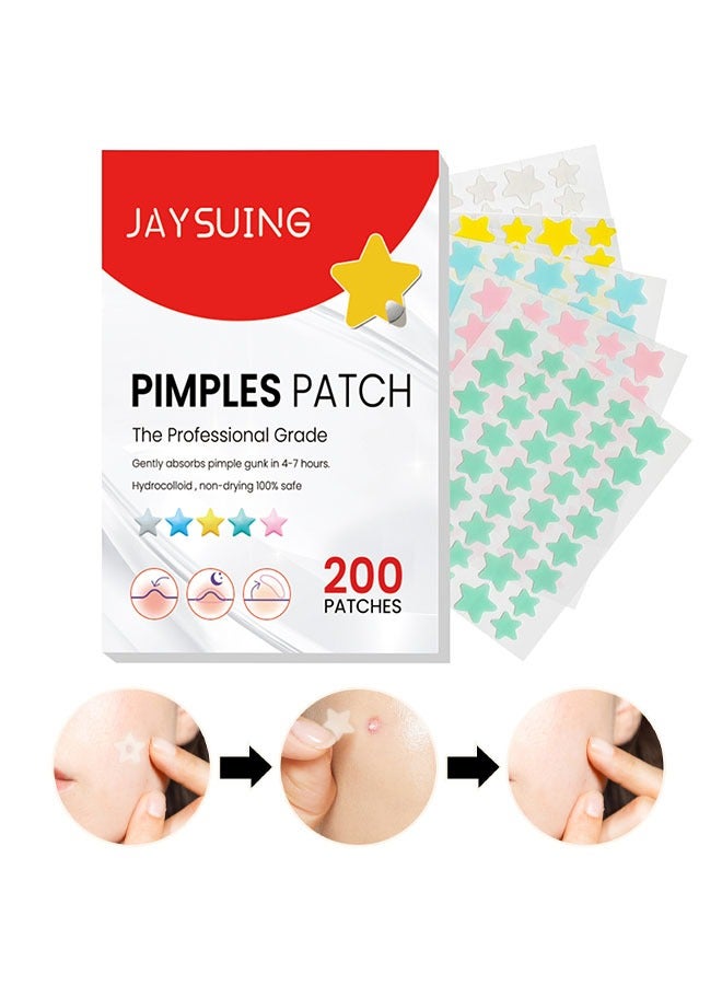 Pimple Patches 200 Pcs, Hydrocolloid Acne Patches for Face, Colorful Star Pimple Spot Sticker with Hyaluronic Acid, Tea Tree Oil & Centella Oil for Covering Zits and Blemishes