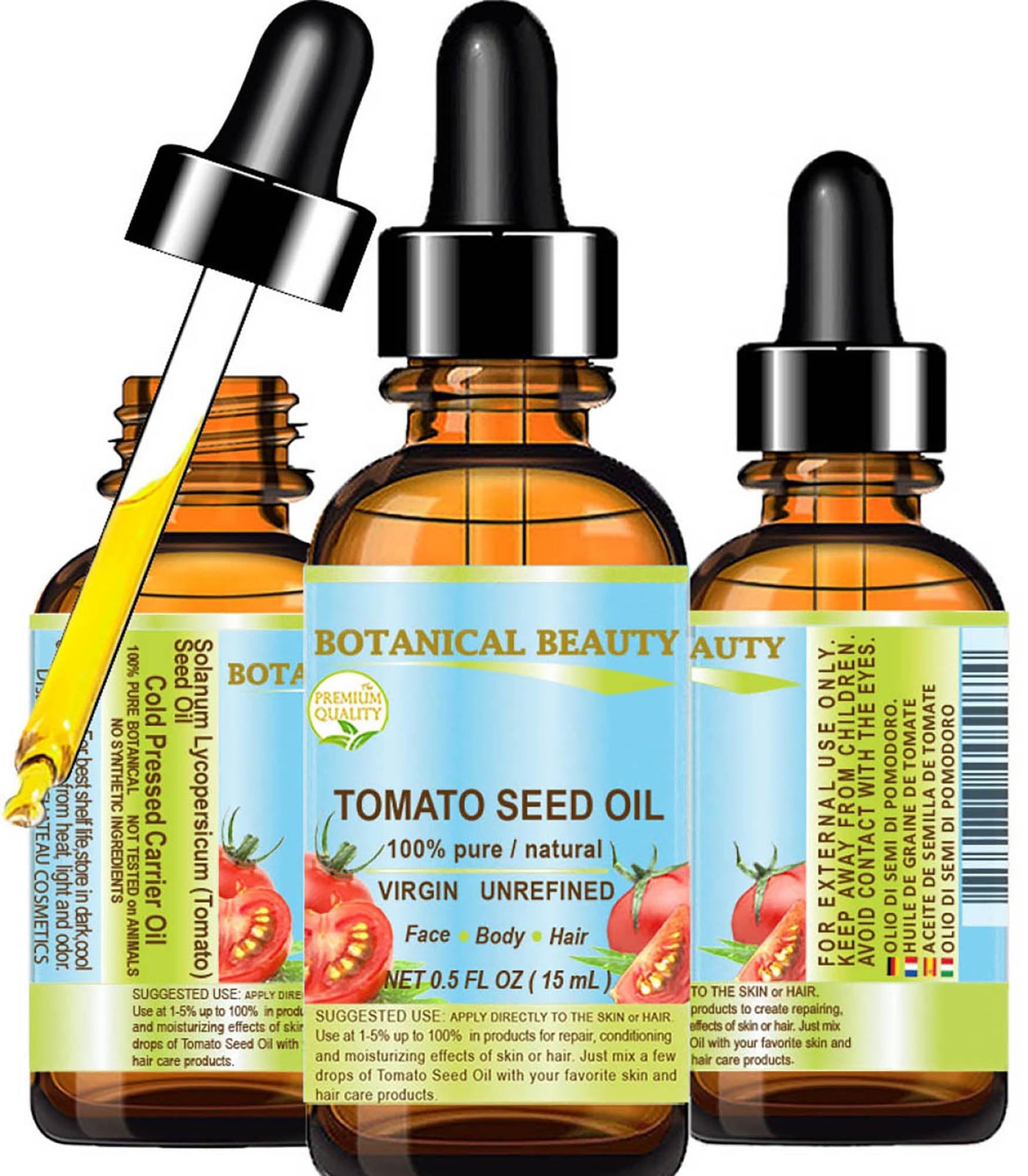 Botanical Beauty TOMATO SEED OIL 100% Pure Natural Virgin Unrefined Cold-pressed Carrier Oil for Face, Skin, Body, Hair, Lip, Nails. Rich in Vitamin E, Lycopene (0.5 Fl Oz)