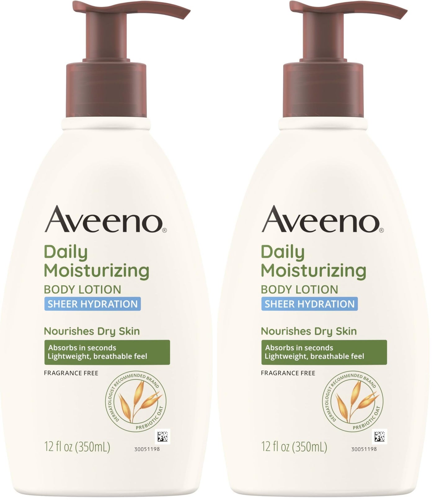Aveeno Sheer Hydration Daily Moisturizing Fragrance-Free Lotion with Nourishing Prebiotic Oat, Fast-Absorbing Body Moisturizer for Dry Skin with Lightweight, Breathable Feel, 12 fl. oz (Pack of 2)