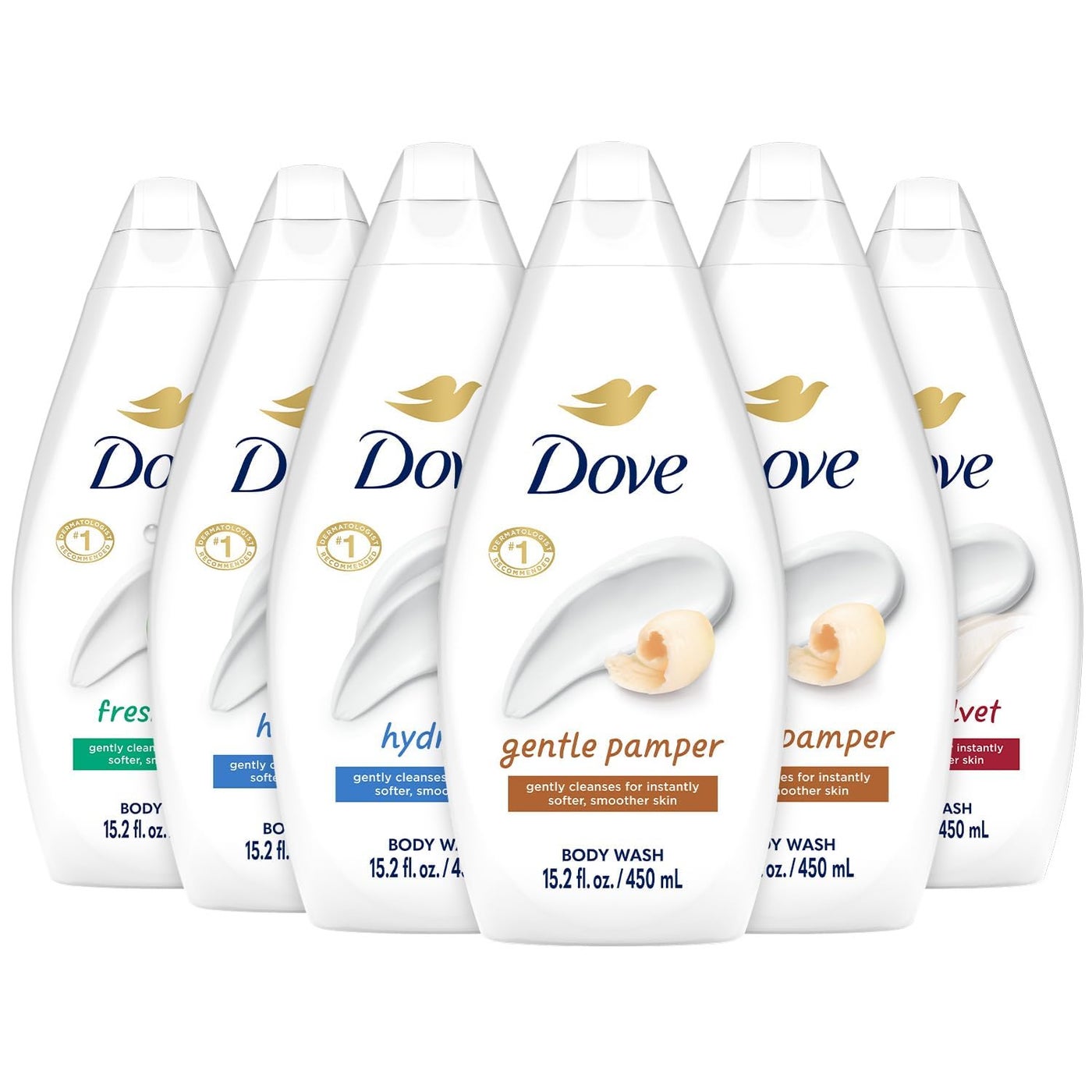 Dove Body Wash Variety 6-Pack â€“ Hydrate, Gentle Pamper, Fresh Care, and Silky Velvet, 15.2 Oz Ea