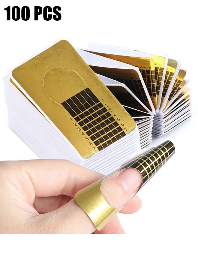 100 Pcs Durable Golden Rectangle Nail Forms with Self-Adhesive and Tips Guide for UV Gel Nail Extensions - Perfect for DIY Enthusiasts and Learners