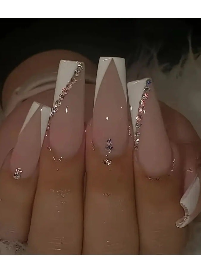 Glossy Coffin French Tip Press On Nails with Rhinestones - Long Stick On Nails for White Nails - Easy to Apply and Remove