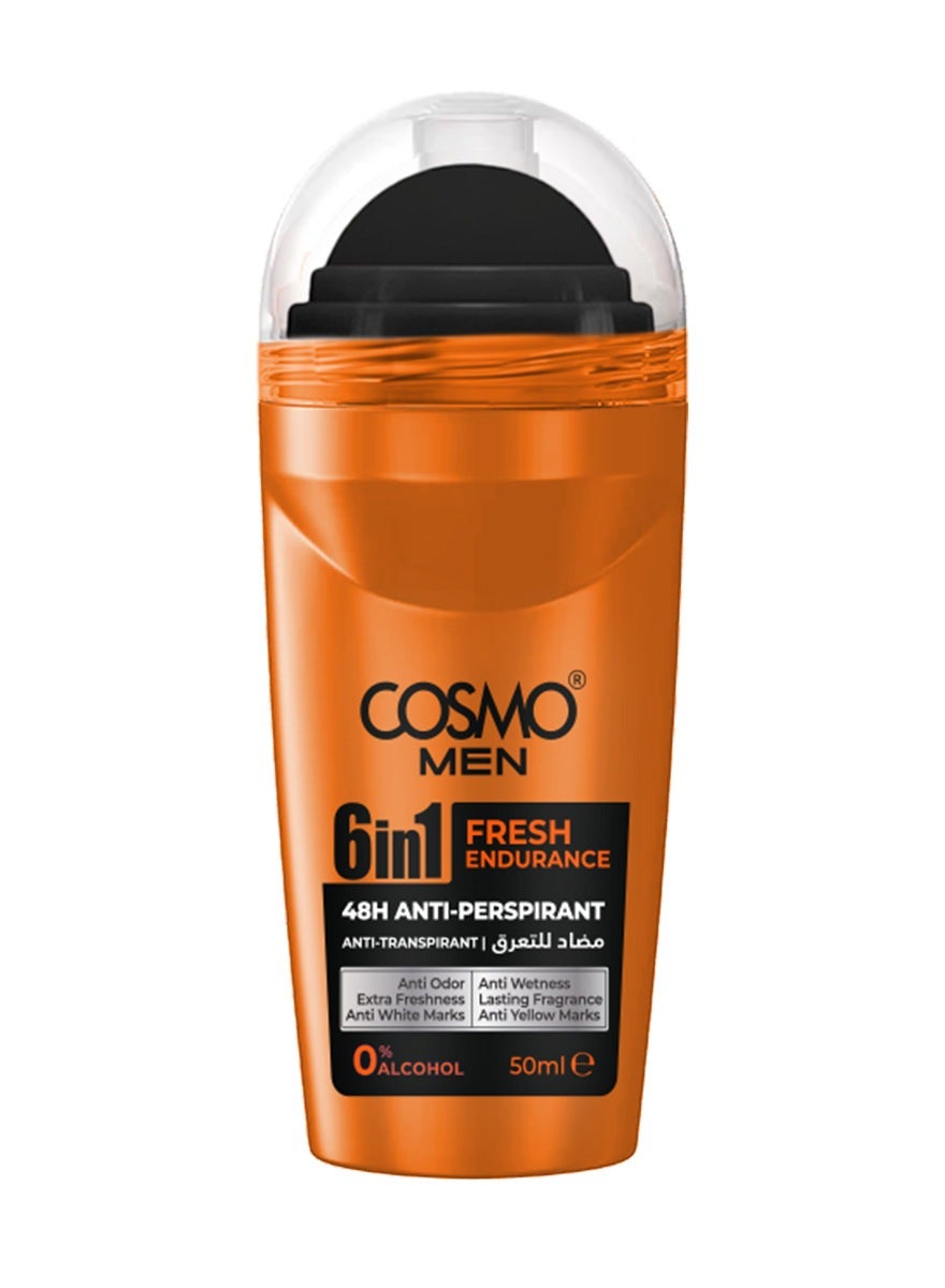 Cosmo Men Skin Care 6 In 1 Fresh Endurance Antiperspirant Roll On 50ml, 48H Protection, Anti-Transpirant, Alcohol Free