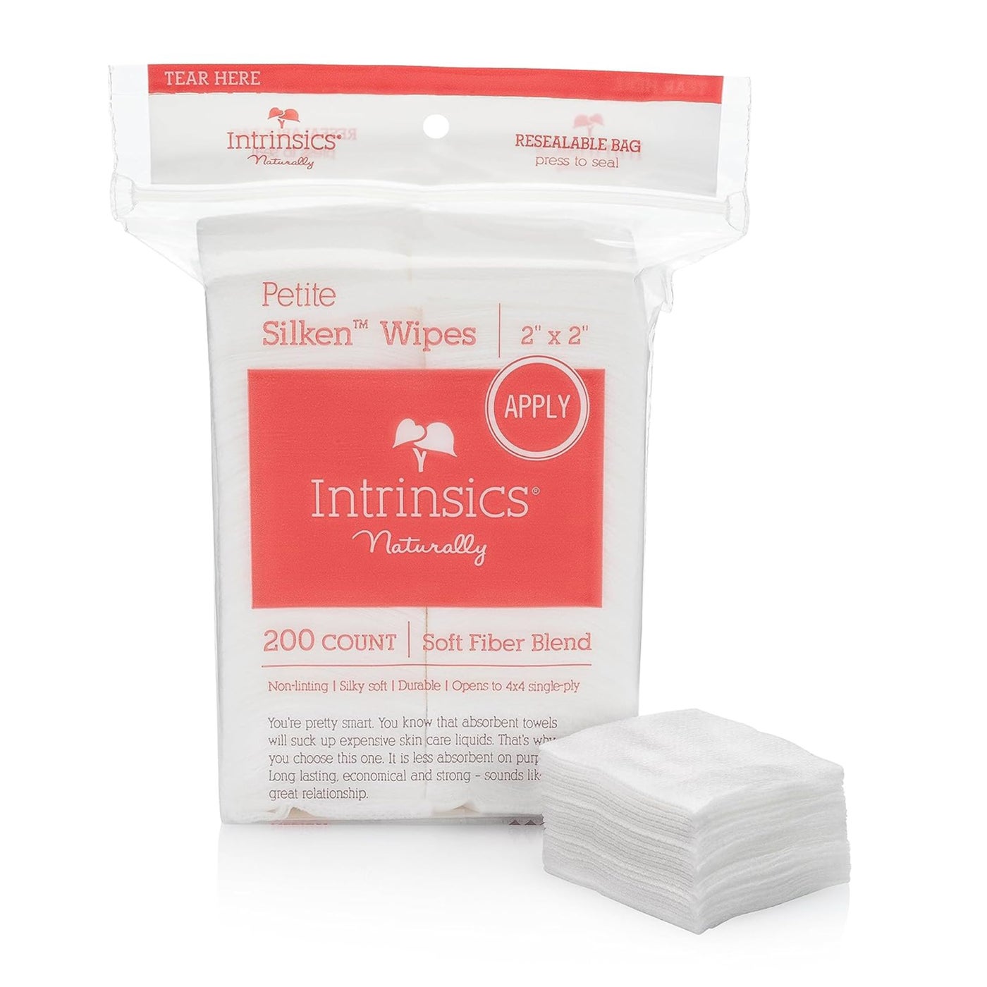 Intrinsics Petite Silken Wipes (200 Count) â€“ 2x2" 4-Ply Low-Absorbency Silk Cotton Pads, Lint-Free Hypoallergenic Gauze, Esthetician Supplies for Makeup & Skincare Application, Nails, and Spa Use