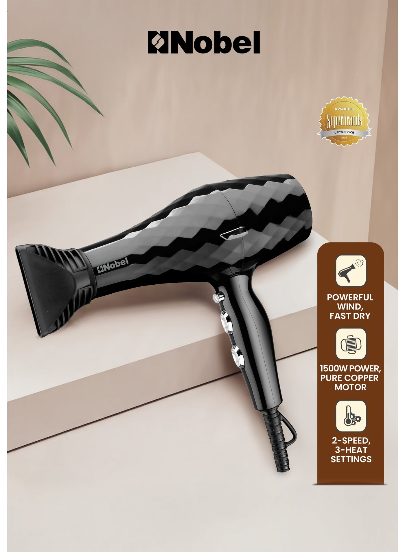 Nobel Hair Dryer 1500W with Pure Copper DC Motor Fast Dry, Overheat Protection, Cool Button, 2 Speeds, 3 Heat Settings NHD850