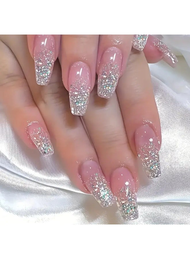 24pcs Silver Glitter & Pink Gradient Press-On Nails – Sweet Tone Removable False Nails for Women, Reusable & Shiny
