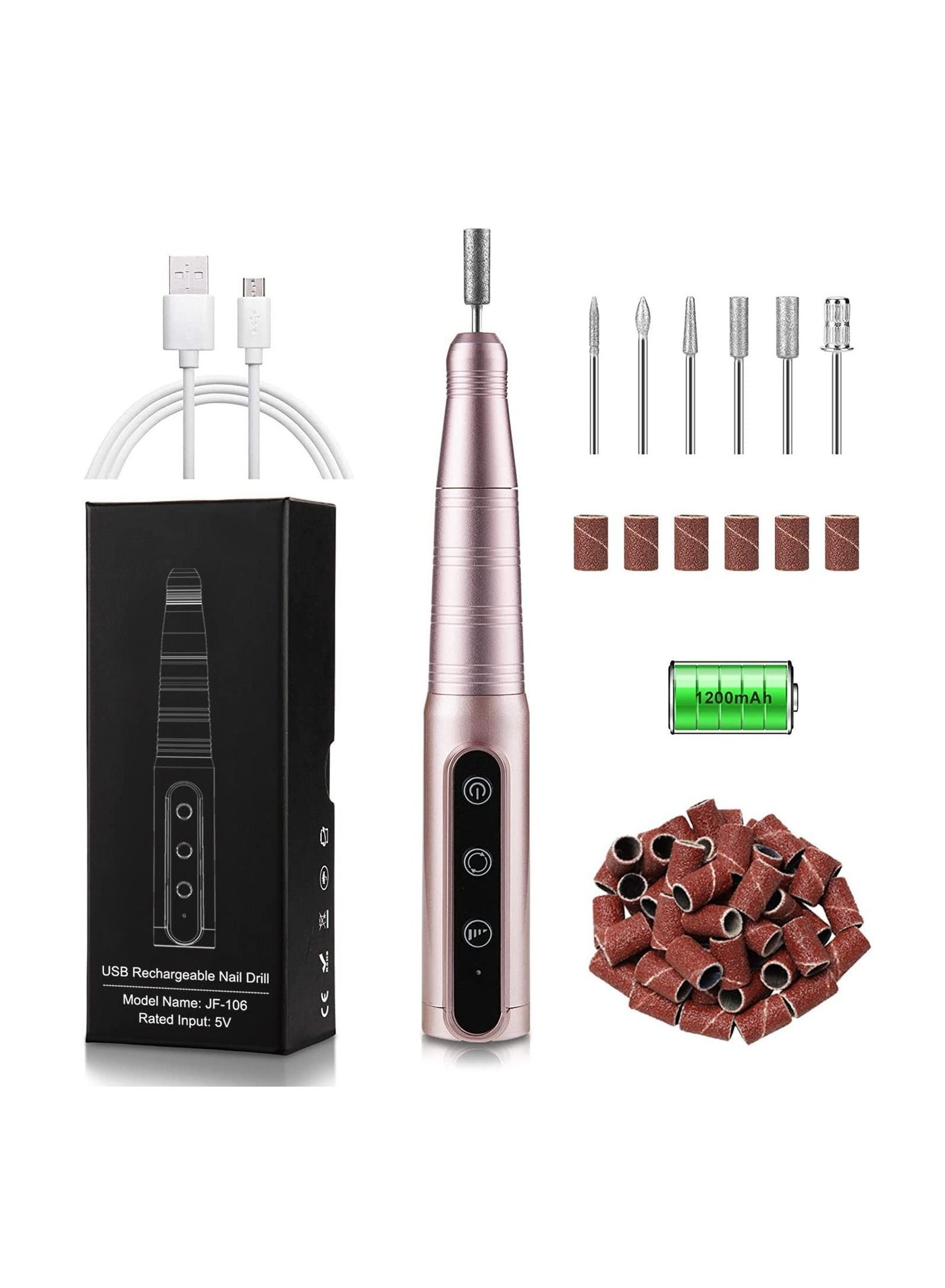 USB Rechargeable Electric Nail File with 3 Speed Adjustment, 30000 RPM Portable Nail Drill Machine E File for Acrylic Gel Nails, Pink