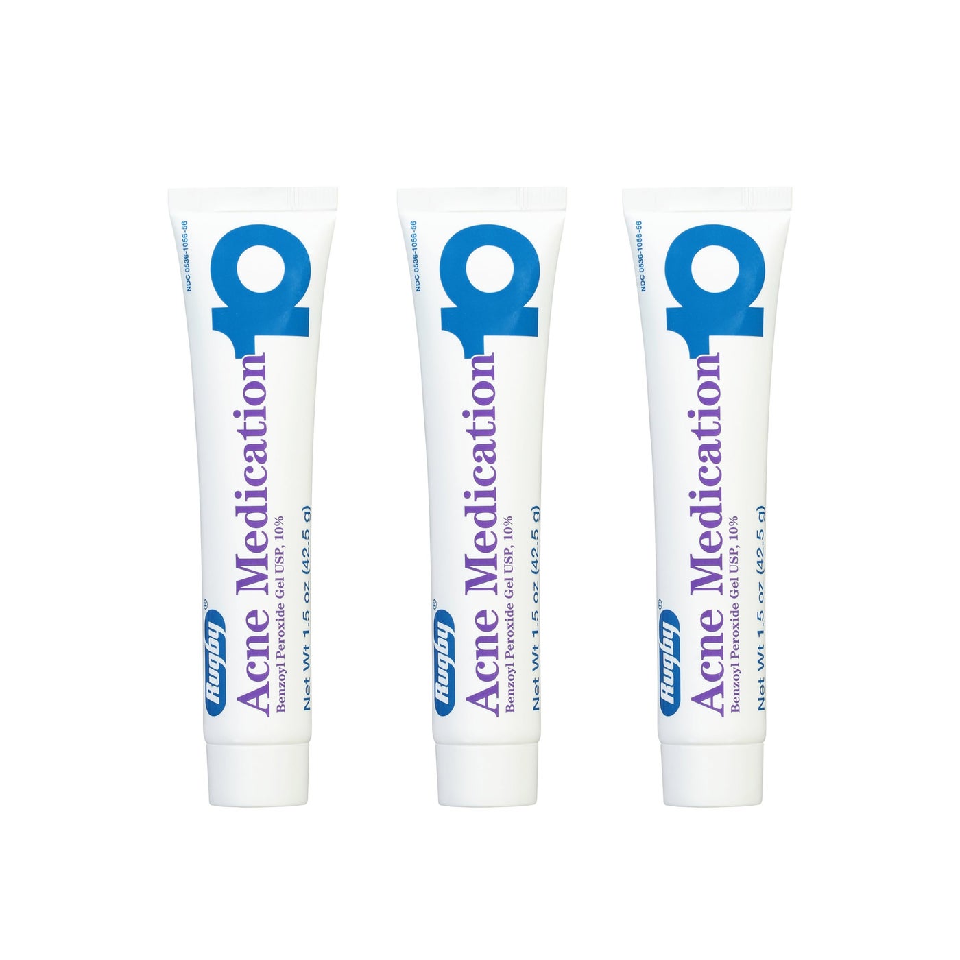 Rugby Acne Medication Benzoyl Peroxide Gel USP, 10% - Clear Up Acne Pimples - Greaseless, Vanishing Formula - 1.5 Oz (42.5g) - 3 Pack