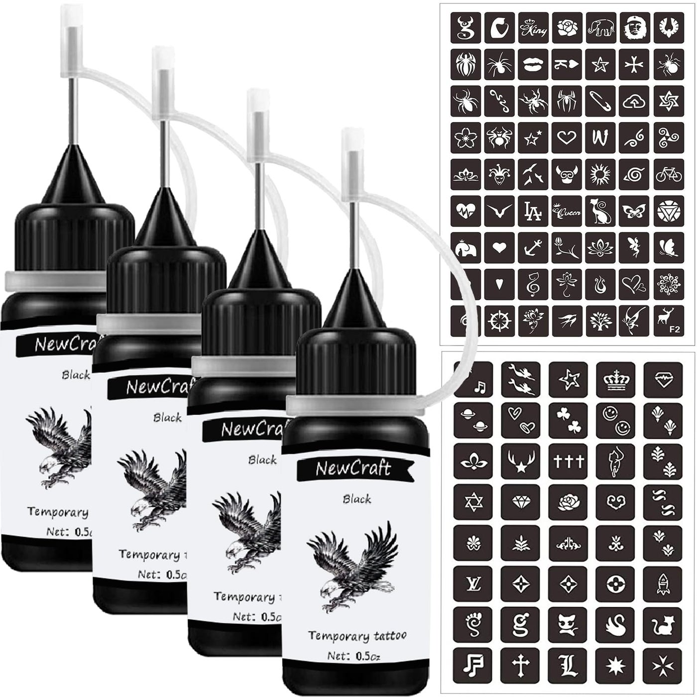 NewCraft 4 Packs Black Temporary Tattoo Ink and Stencils for Women Men Kids, Trend DIY Fake Freckles 103 Pcs Stencils Temporary Tattoo Kit