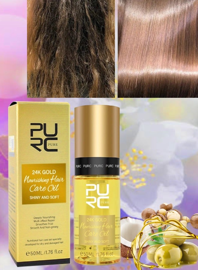 50ml 24k Gold Nourishing Hair Care Oil Shiny Soft Deeply Nourishing Multi Effect Repair Hair Oil with 24k Gold Argon Oil Coconut Oil Olive Oil Hair Care Oil for Dry and Damaged Hair Serum