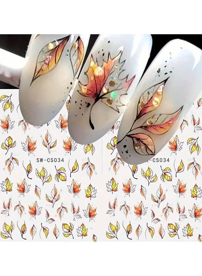 2 pcs Autumn Leaf Nail Stickers - Resin, Self-Adhesive, Plant Themed, Dull Finish, Irregular Shapes, One-Time Use
