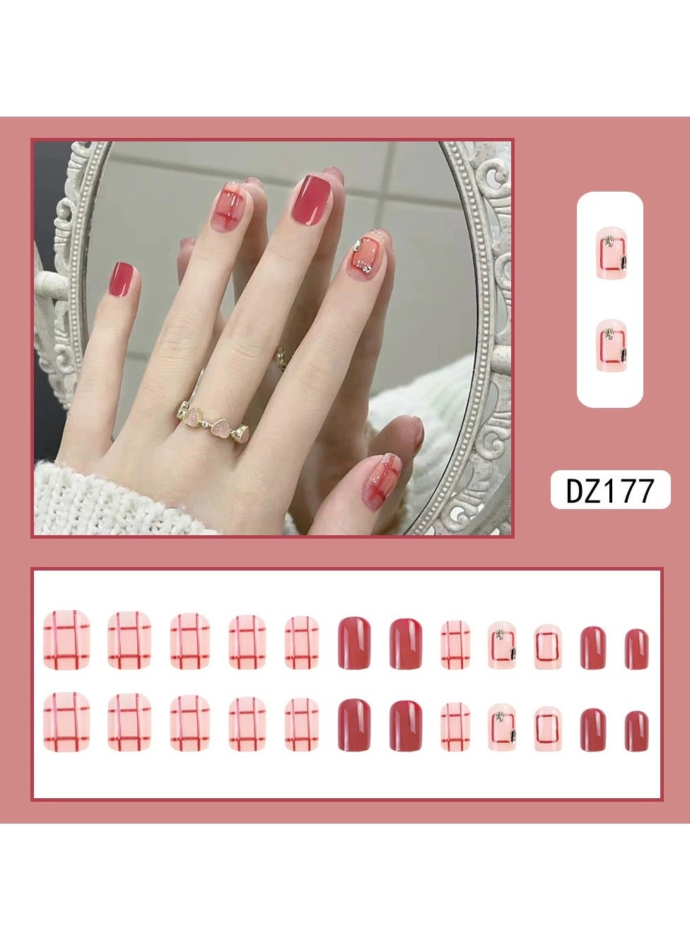 Cherry Red Plaid Press On Nails – Sweet Princess Style Pink Jelly Rhinestone Nail Tips, 24pcs Reusable, Party/Casual Wear