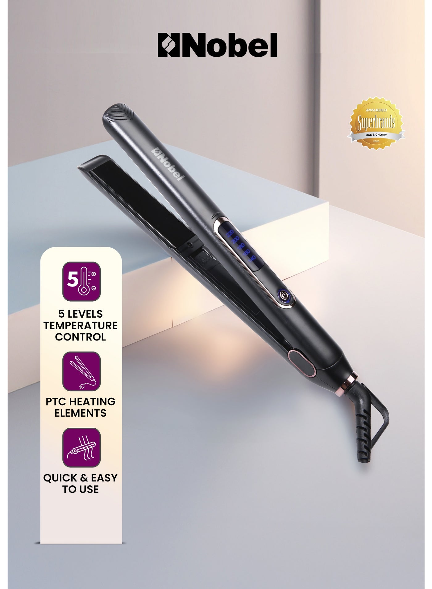 Nobel Hair Straightener With PTC Heating Plate 5 Temperature Control Levels LED Indicator Fast Heat - NHS450 Black