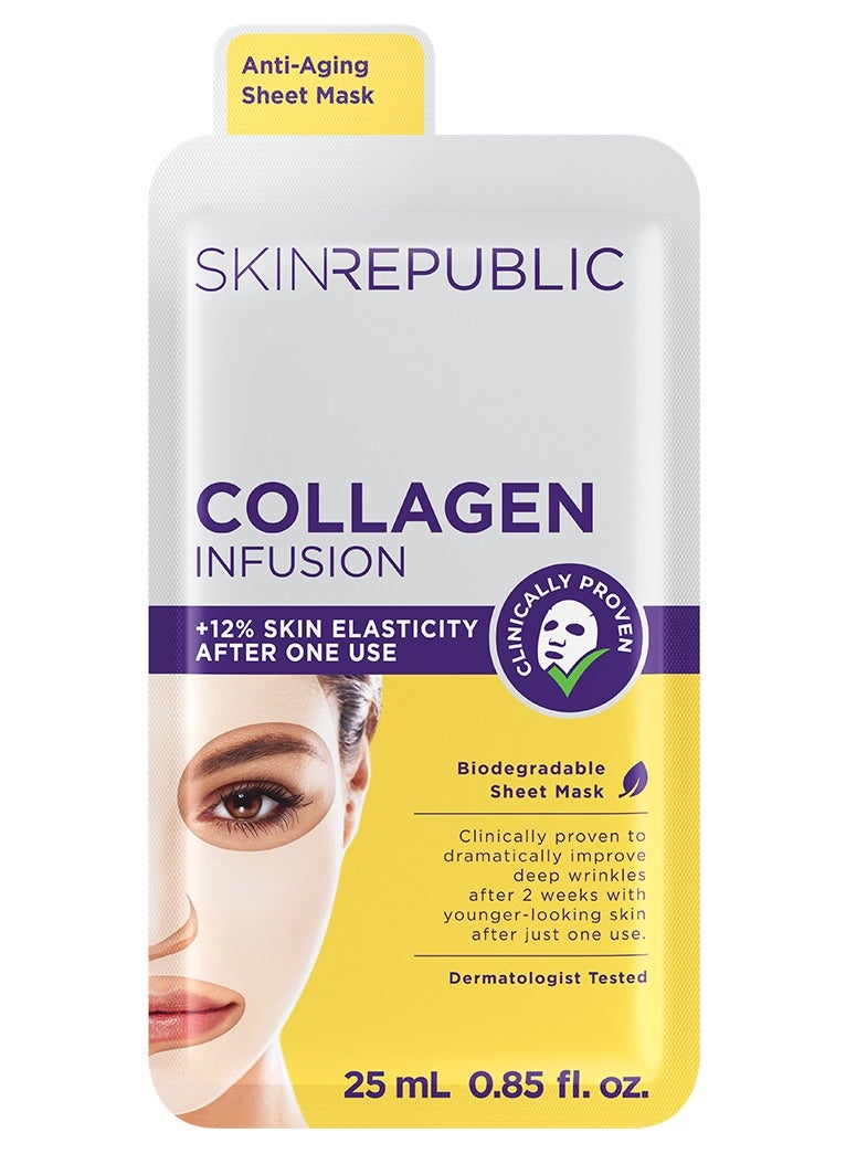 Anti-Aging Face Mask Sheet (1 Mask) - Collagen Infused Serum with Elastin & Vitamin E, Reduces Wrinkles, Improves Skin Texture, Hydrates & Revitalizes, Younger-Looking Skin After One Use