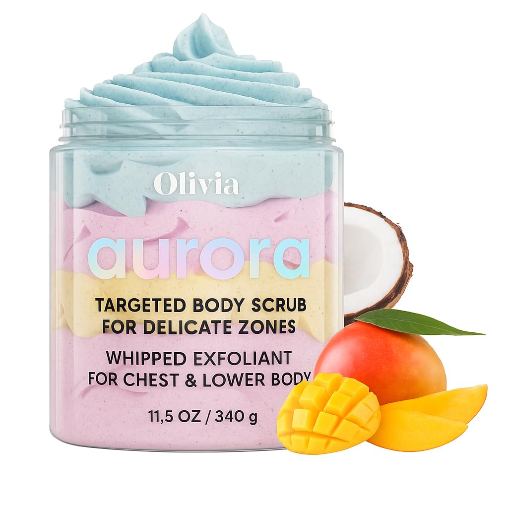 Olivia Aurora Targeted Body Scrub for Delicate Zones â€“ Whipped Exfoliant for Chest & Lower Body â€“ Clears Acne, Softens & Hydrates â€“ Natural Mango & Coconut Formula â€“ Fruity Scent â€“ 10 oz