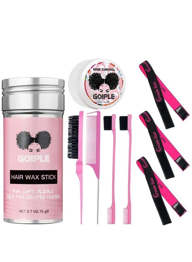 3PCS Elastic Bands for Wig Edges - Adjustable Wig Band for Edges Wig Install Accessories with Pink set-9pcs Hair Wax Stick Set