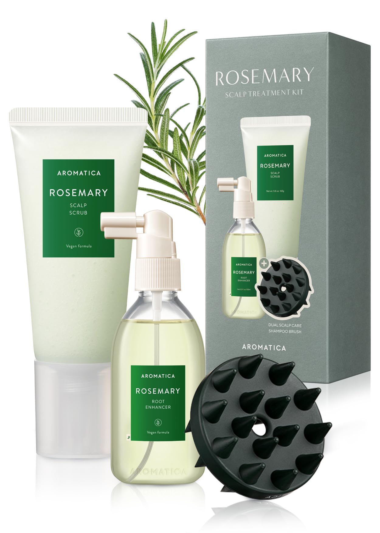 AROMATICA Rosemary Scalp Care Gift Set - Hydrating Scalp Treatment with Rosemary Enhancer, Rosemary Scalp Scrub and Dual Scalp Brush - Free from Sulfate, Silicone, and Paraben, Korean Hair Care.