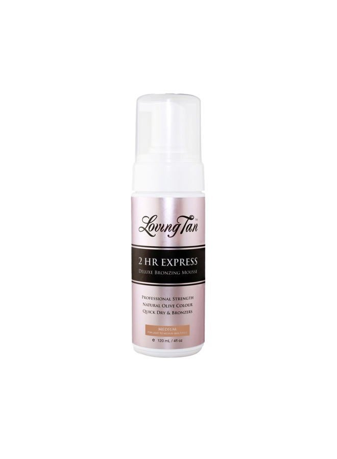 2 HR Express Self Tanning Mousse, Medium - Streak Free, Natural, Professional Quality - 5+ Sunless Self Tanner Applications per Bottle, Cruelty Free, Naturally Derived DHA - 4 FL Oz