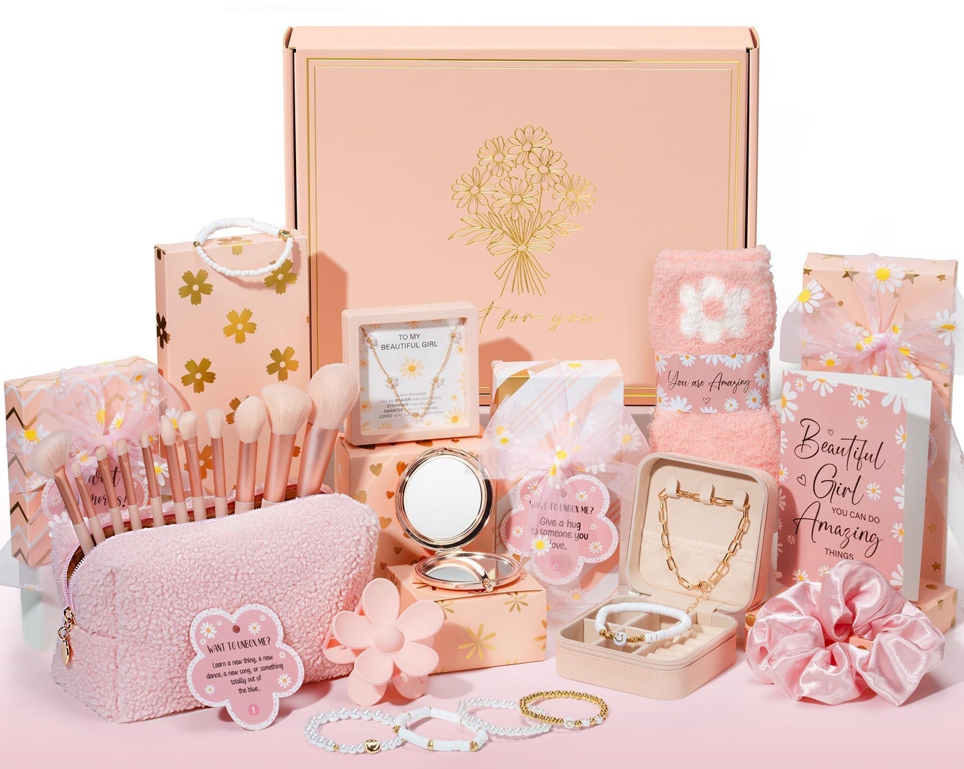 Christmas Gifts for Tween & Teen Girls - 8 PCS Birthday Gift Basket Teenage Teen Girls Trendy Stuff w/ Fun Task Tags Makeup Brushes & Bag, Empower Wrapped Gift Box Stocking Stuffers for Daughter Niece
