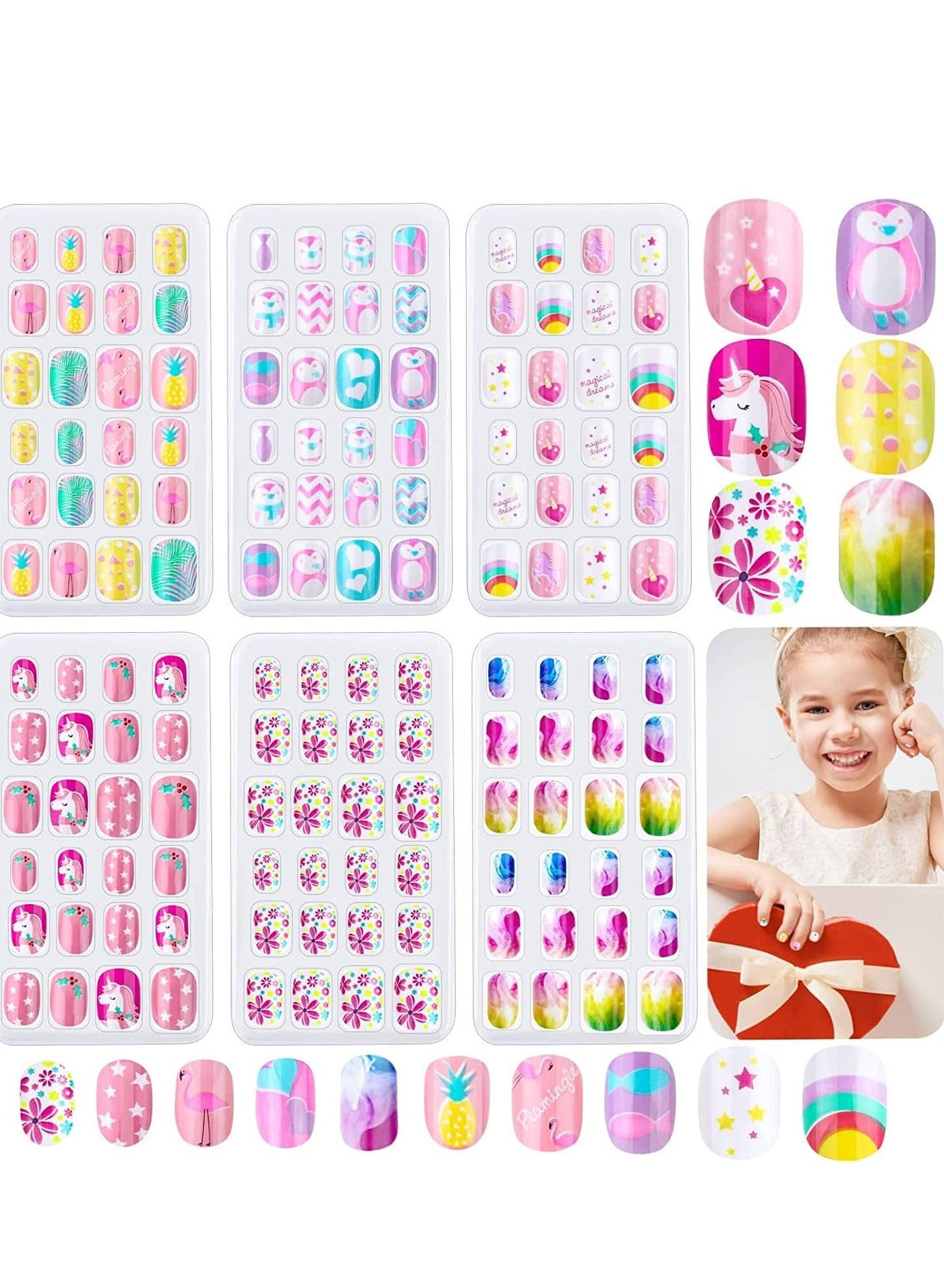 Kids Press on Nails Grils, 144 Pieces Children Fake Artificial False Nail Tips Pre Glue Full Cover Short Acrylic for Girls Kids Art Decoration (Rainbow Sky) (pink)