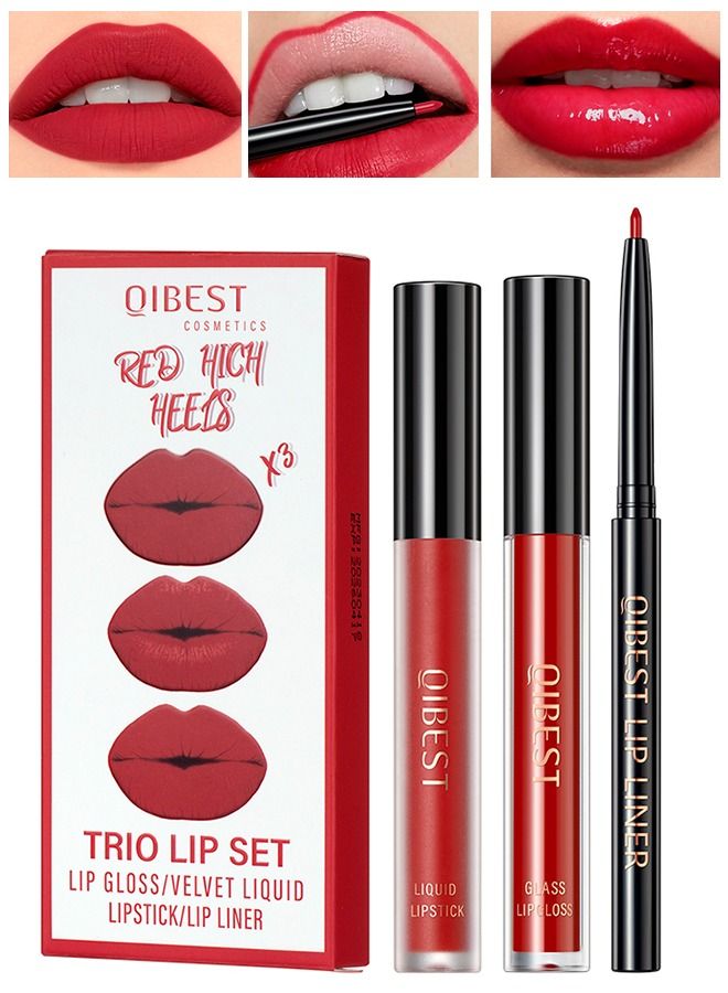 3 in 1 Beauty Lip Kit All in one Trio Lip Set Includes Liquid Lipstick Lip Gloss Lip Liner Waterproof Long Lasting Lip Gloss Make up Gift Set for Women