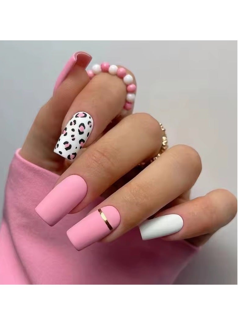 Summer Bar Leopard Print Pink White Frosted Long Square Wearable Fake Nail Full Cover Finished False Art Nail Press on Nail Glue