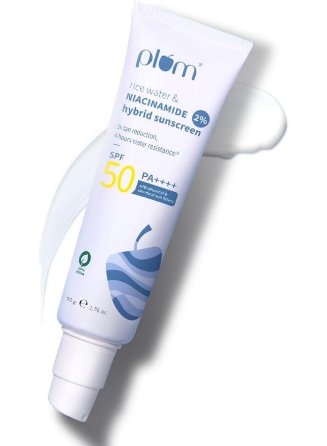 Rice Water And 2% Niacinamide Hybrid Sunscreen 50g | SPF50 PA++++ | Broad Spectrum UVA/UVB And Blue Light Protection | Oil Control, No White Cast, 4Hr Water Resistant, 1.76 oz