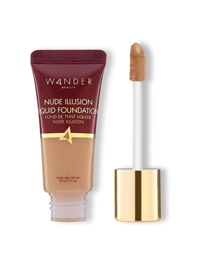 Nude Illusion Liquid Foundation - Golden Medium - Medium to Full Coverage Foundation with Niacinamide & Lotus Extract - Natural Skin Finish - Blurs, Conceals & Contours - Travel-Friendly Tube