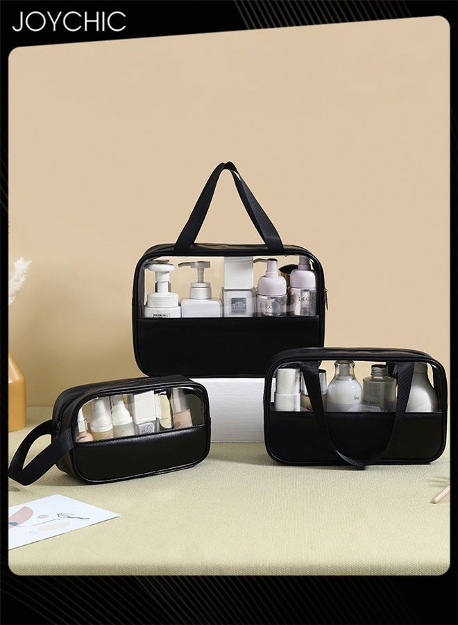 3-piece Women Men Spliced Transparent Bathroom Cosmetic Bag PVC Toiletry Bag PU Waterproof Handbag Large Capacity Travel and Business Trip Portable Storage Bag Black