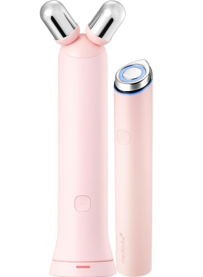 Medicube Mini Booster Pro Plus Face Roller Device Set | 2-in-1 Massage & Skincare Device | Jawline Care & Depuffing | Face & Body Massager with 3 Vibration Modes | Korean Facial Device, Pink