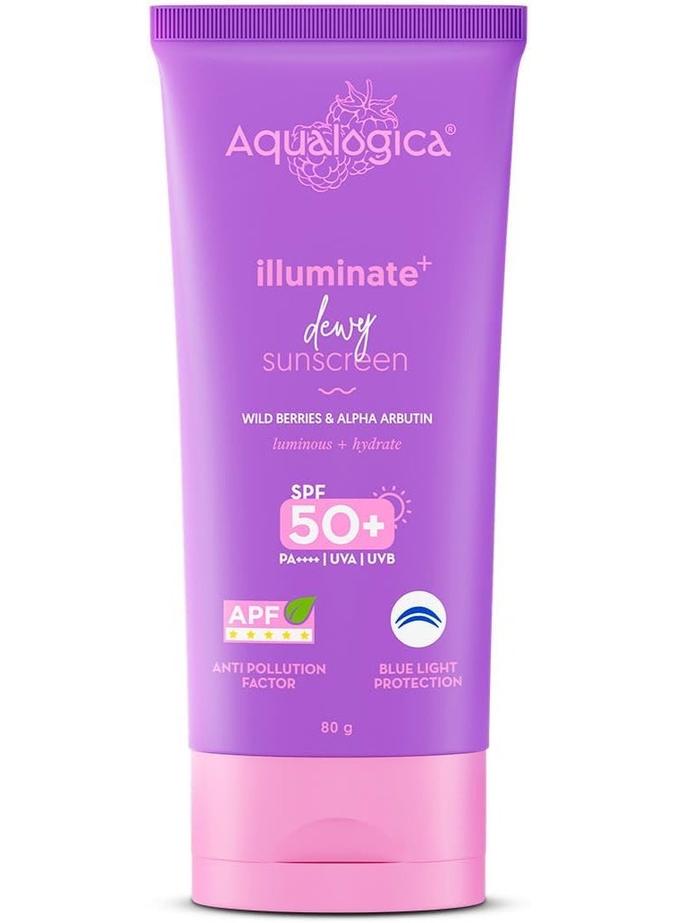 Aqualogica lluminate+ Dewy All Skin Type Sunscreen Spf 50+ Pa+ With Wild BerriesΑ Arbutin - 80 G Protection Against Uva/Uvb &Blue Light Protection Fragrance-Free For Luminous&Sun Protected Skin