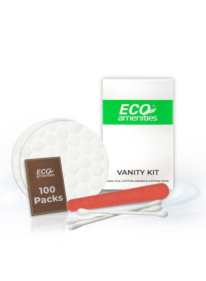 ECO Amenities Hotel Vanity Set, Travel Cotton Pads, Cotton Swabs, and Nail File Packed in Individually Wrapped Paper Box, 100 Sets per Case