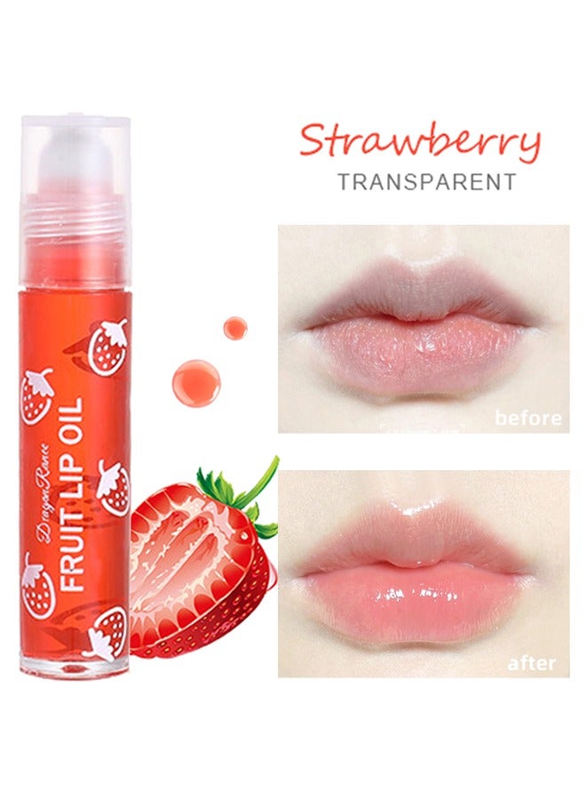 Fruit Lip Oil- Long Lasting Moisturizing Lip Balm, Roll-On Lip Gloss, Fruity Flavor Glossy Lip Make up for All Ages, Transparent Lip Gloss - Strawberry
