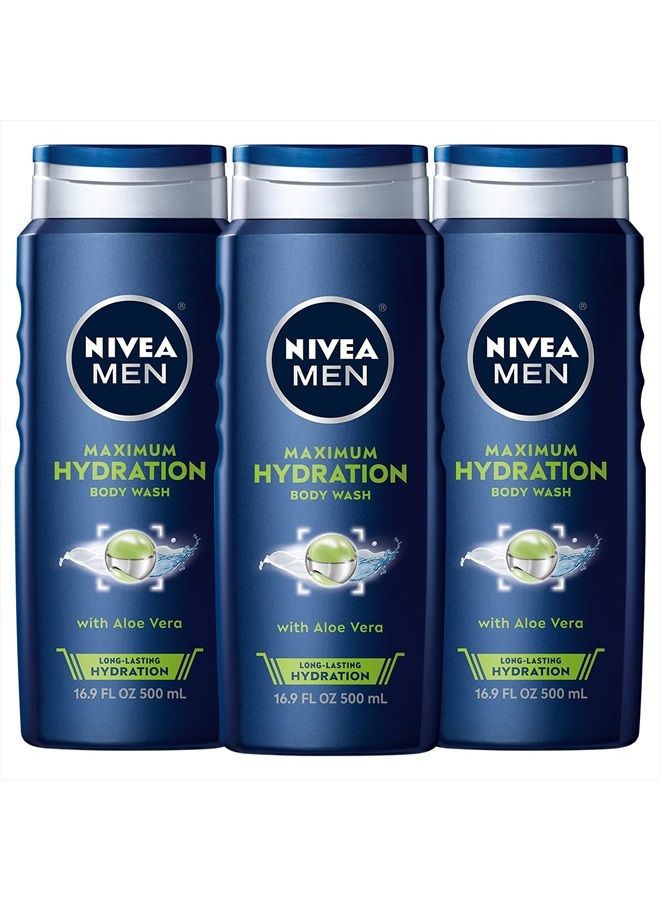 NIVEA MEN Maximum Hydration Body Wash, Aloe Vera Body Wash for Dry Skin, 16.9 Fl Oz (Pack of 3)