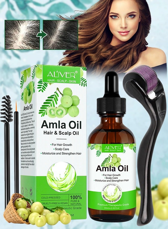 60ml Amla Oil with Roller for Hair Growth 100% Pure Natural Organic Amla Hair Oil Cold Pressed Amla Oil for Hair Growth Moisturize Healthy and Strengthen Hair Nourishes Scalp Hair Treatment Oil