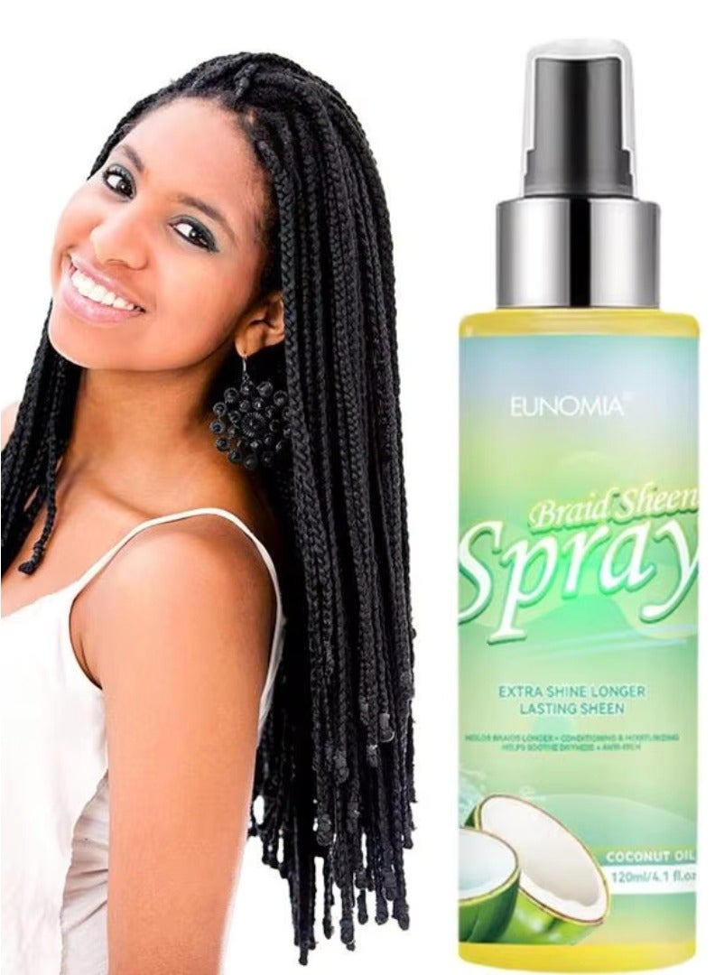 120ml Braid Sheen Spray with Coconut Oil Extra Shine Longer Lasting Sheen Braid Conditioner Moisturizer helps Soothe Dryness Long Braid Holds Anti Itching Smoothing Braid Hair Spray