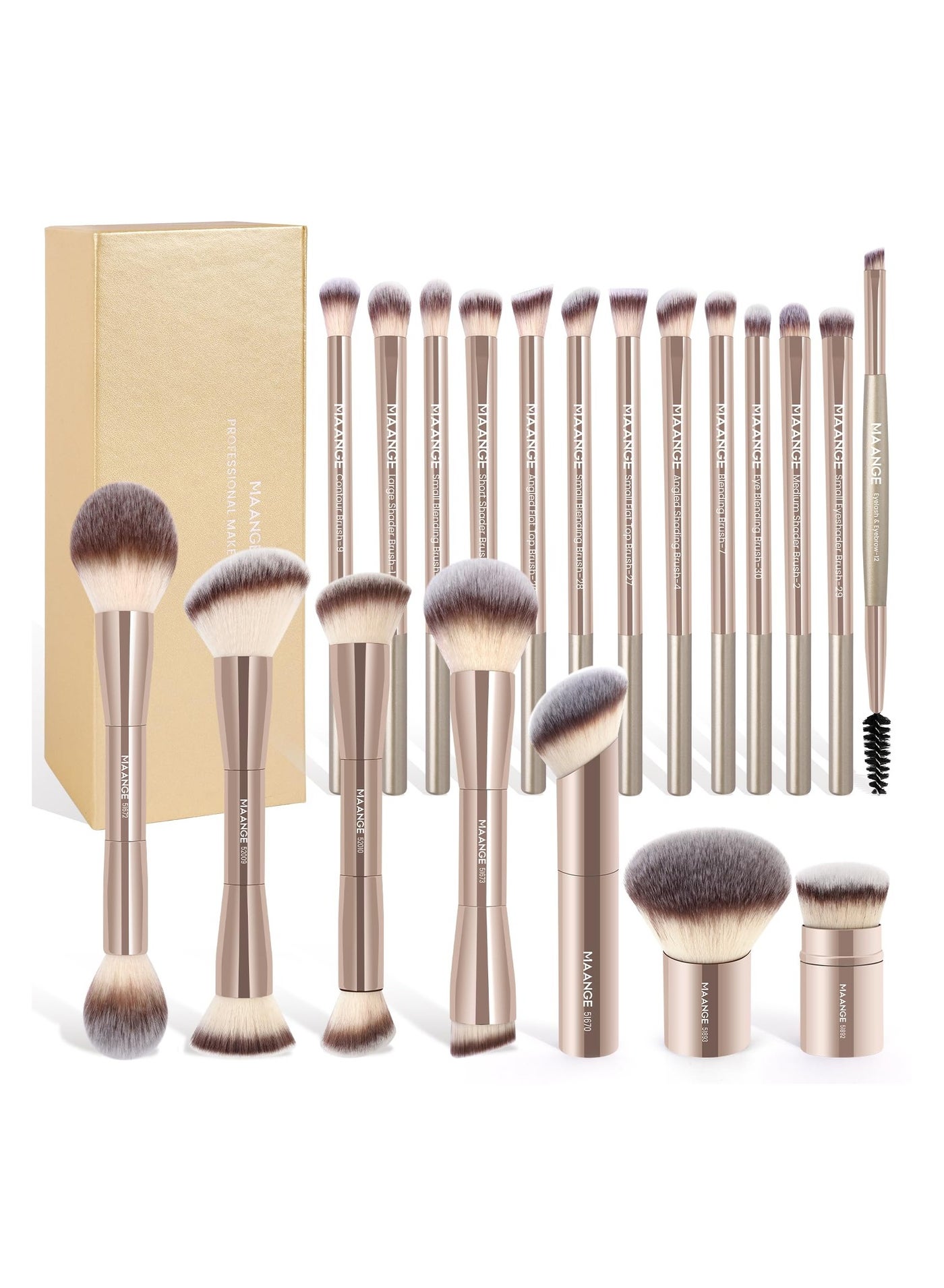 MAANGE 20 Pcs Makeup Brushes with Gift Box, Double-End Multi-functional Makeup Brushes for Blending Liquid Powder Concealer Cream Blush Buffe,Champagne