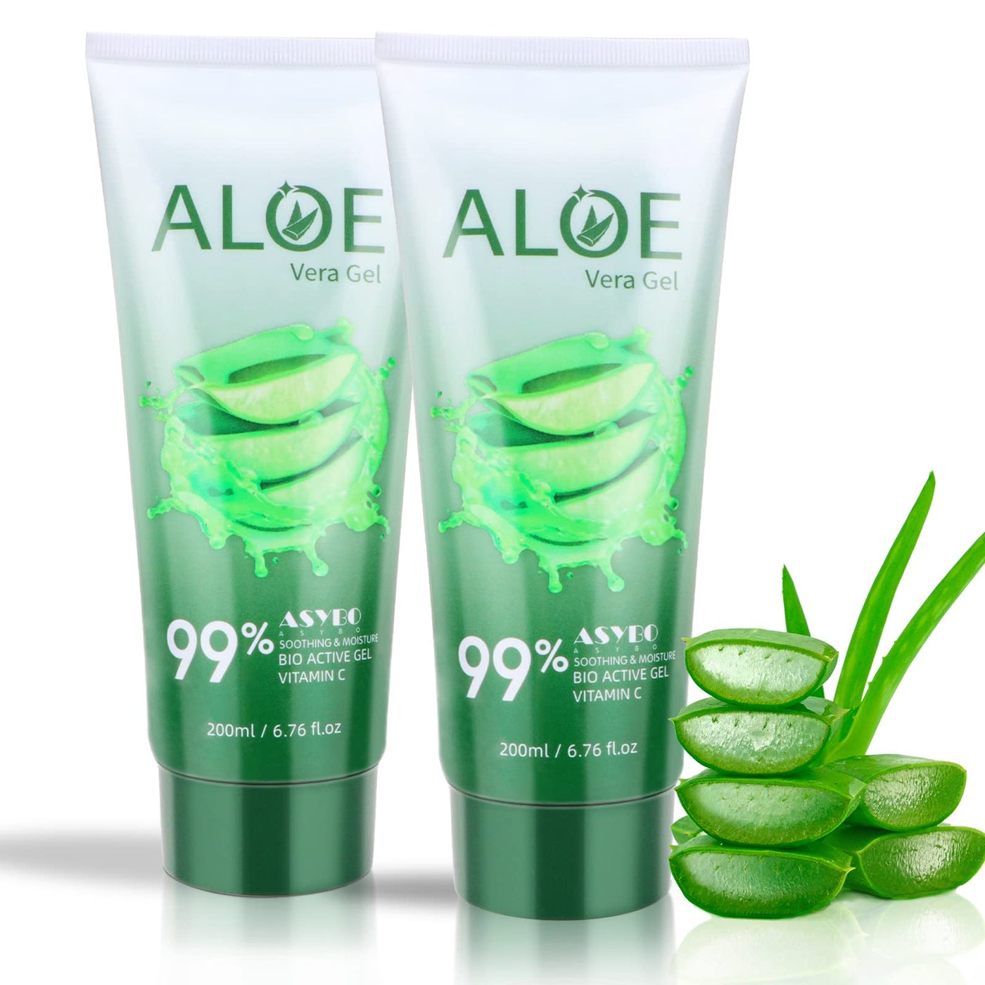 ASYBO 200x2 ML Aloe Vera Gel â€“ 99% Organic Pure Aloe Vera Hydrating Face & Body Moisturizer, Natural Aloe Cream for Dry Skin, Sunburn, Acne, Soothing & Moisturizing