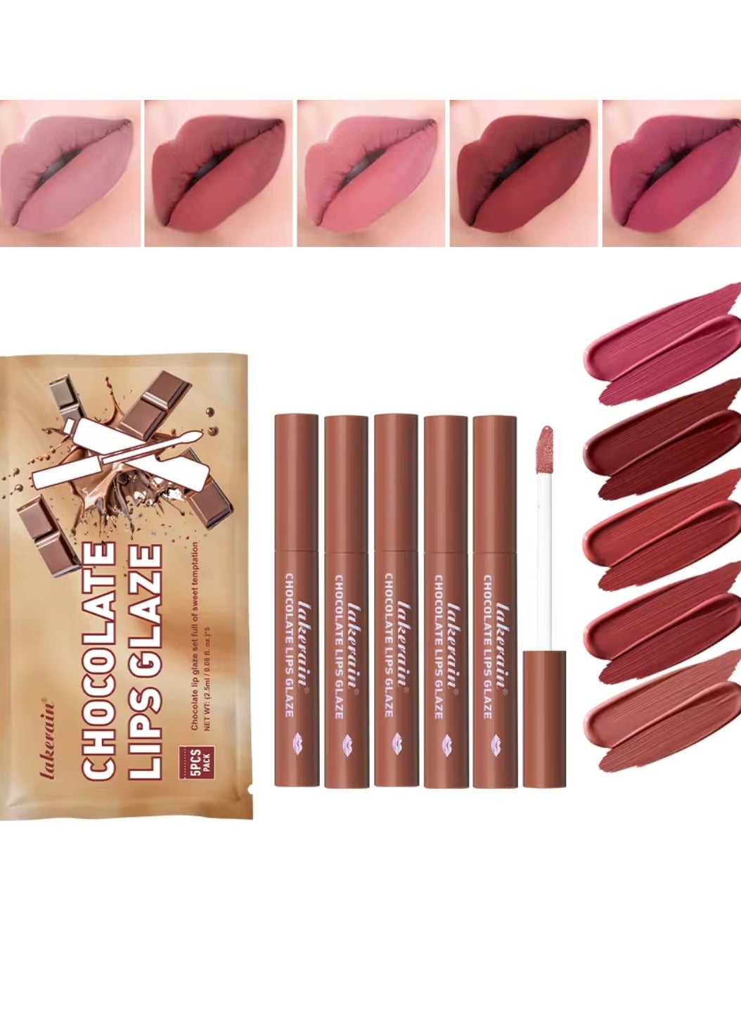 5Pcs Chocolate Lips Glaze 12H Long Lasting Waterproof Smooth Matte Finish Chocolate Lips Glaze Lip Color Nourishing Smooth Lipstick Set Lip Liner Liquid Lipstick Set 02