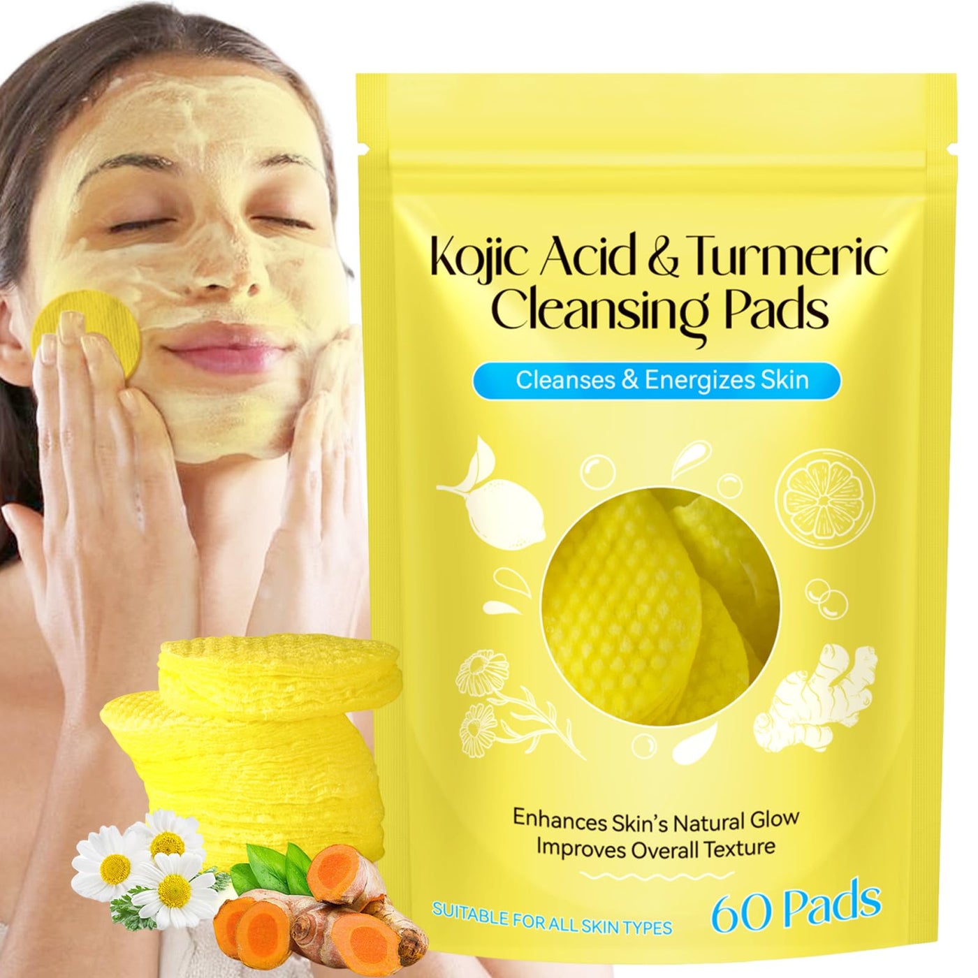 Turmeric Kojic Acid Cleansing Pads, 60 Count Turmeric and Kojic Acid Pads, Mild and Non-irritating, Suit for All Skin Types