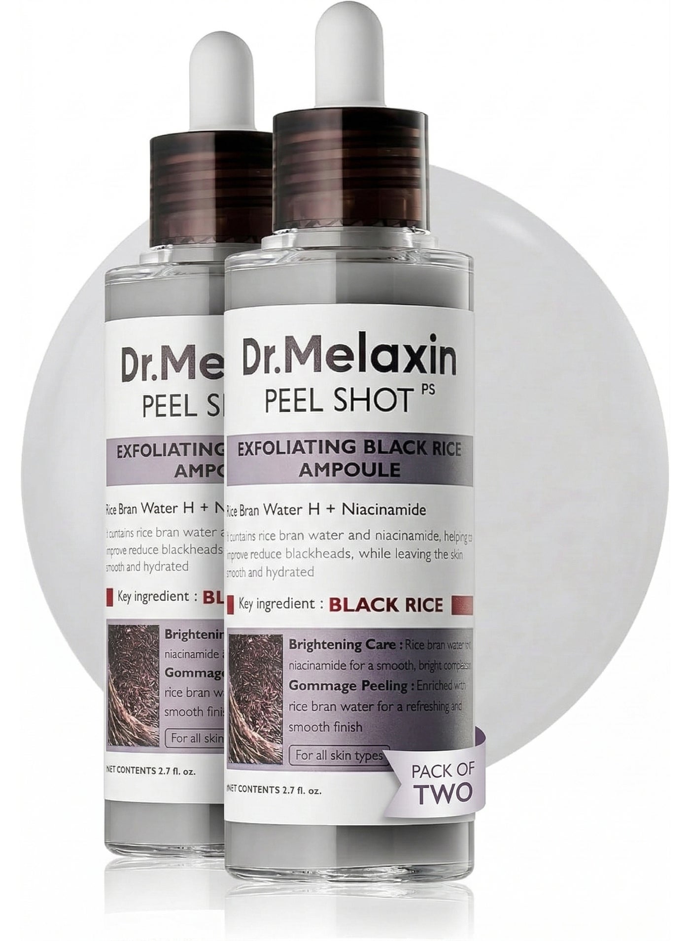Dr.Melaxin Peel Shot Glow Black Rice Peeling Ampoule, Soft Exfoliating Face and Body Scrub Dead Skin Cells, Blackheads Remover for All Skin Types, 80ml | Pack of two